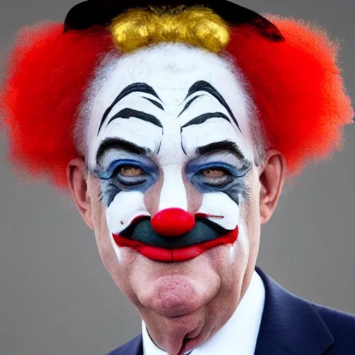 Image similar to Jerome Powell with clown makeup whiteface, talking with other clowns, full body, photo realistic, highly-detailed