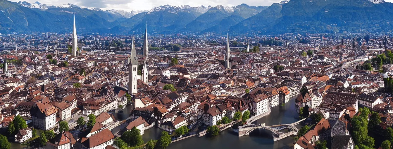 Image similar to Photo of Zurich, looking down the river at the lake and the alps, Hardturm, Grossmünster, wide angle, volumetric light, hyperdetailed, mountain water, artstation, cgsociety, 8k