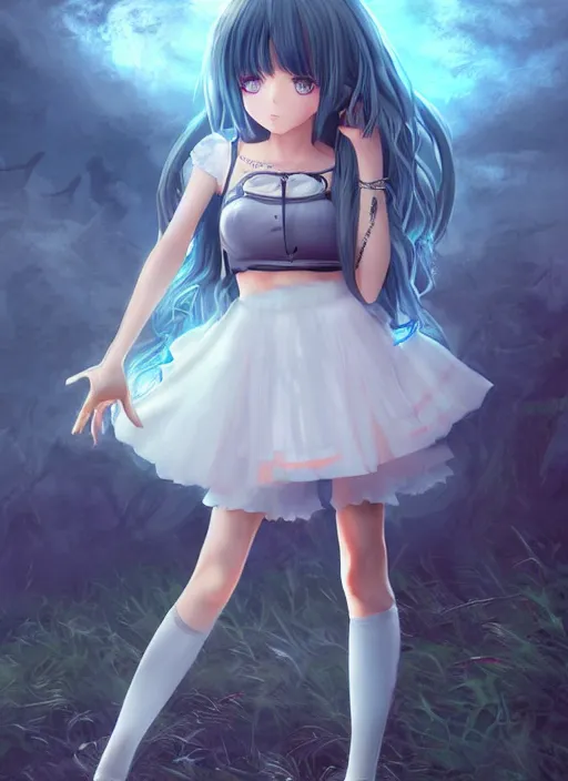 Prompt: kerli koiv as anime girl, kerli koiv as anime girl, gothic mini skirt and crop top, fine art, matte painting, digital art, concept art, artgerm,, rule of 3 rds,