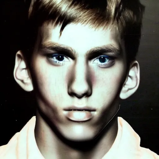 Image similar to A colored colorized real high school photograph portrait of Jerma as a teenager with an emo haircut and black shirt and acne, taken in the mid 2000s, taken on a 2000s Camera, realistic, hyperrealistic, very realistic, very very realistic, highly detailed, very detailed, extremely detailed, detailed, digital art, trending on artstation, headshot and bodyshot, detailed face, very detailed face, very detailed face, real, real world, in real life, realism, HD Quality, 8k resolution, intricate details, colorized photograph, colorized photon, body and headshot, body and head in view