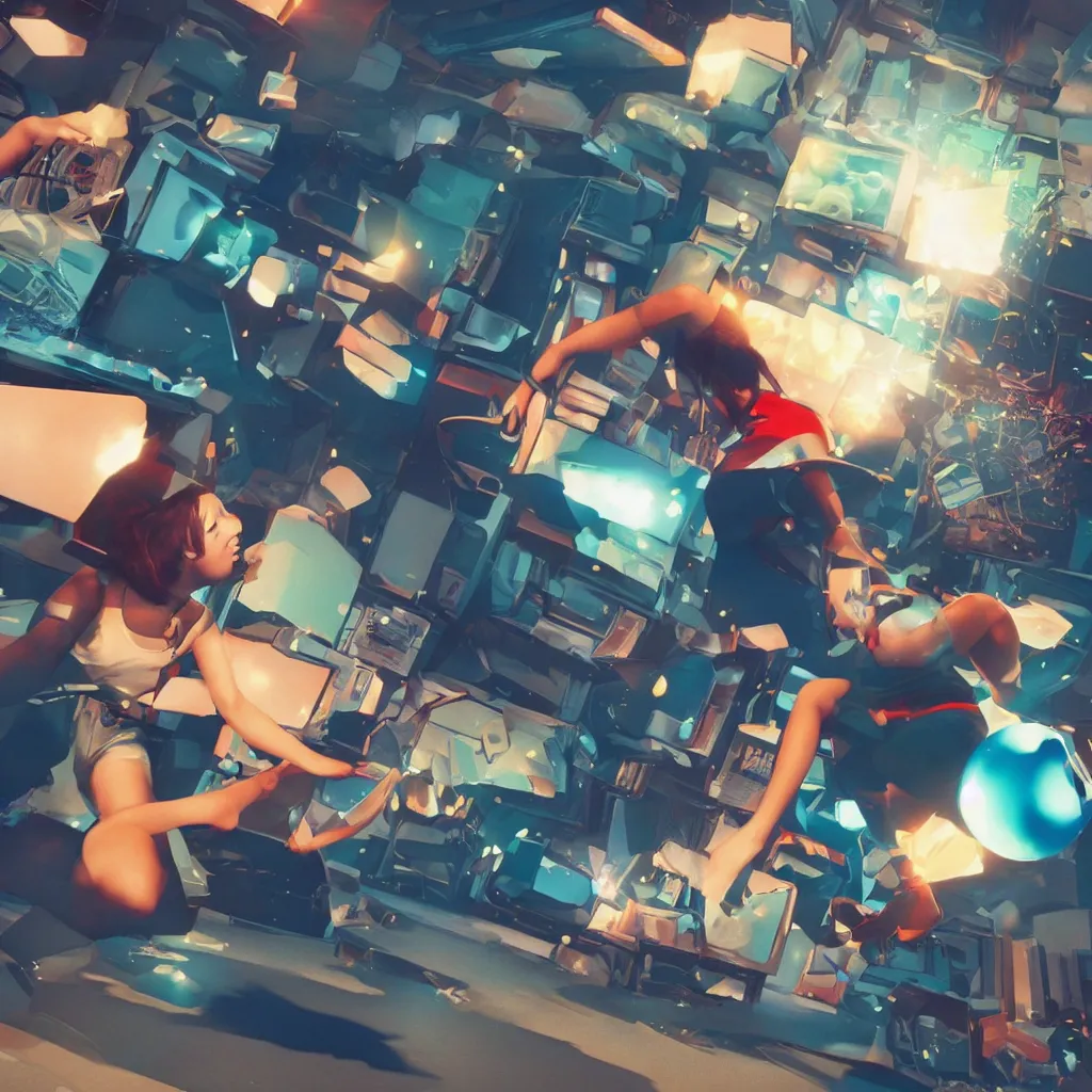 Image similar to ps 1 cover art of a girl smashing a crt tv with a baseball, octane render, aesthetic, polygons