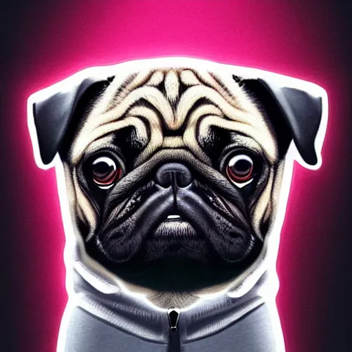 Prompt: a sad pug wearing a hoodie, the word'sad'is written on the hoodie in upper case letters, digital art, synthwave style, trending on artstation, matte painting