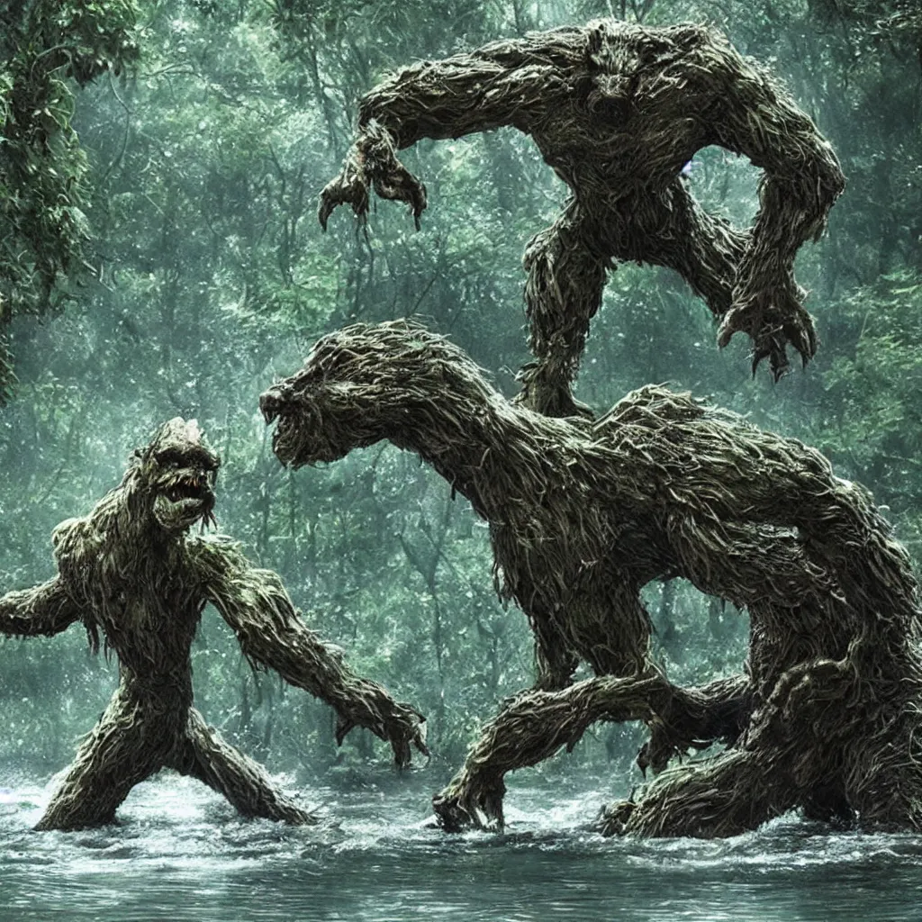 Prompt: forest monster rising from the water, perfect faces