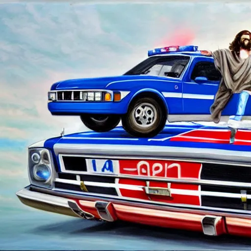 Prompt: hyperrealism painting of jesus christ on top of a police car in a police chase