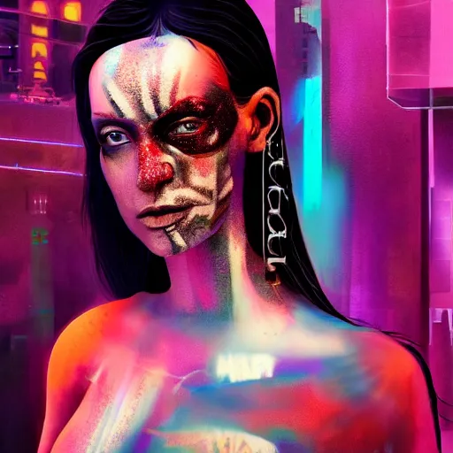 Prompt: a woman with a painted face and body, cyberpunk art by bruce onobrakpeya, featured on cg society, reimagined by industrial light and magic, behance hd, movie still