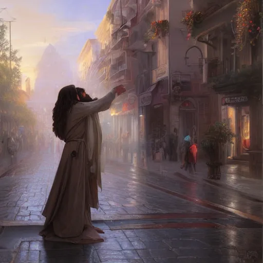 Image similar to jesus kissing a woman in a street, elegant, highly detailed, digital painting, artstation, concept art, matte, sharp focus, highly detailed, 4 k, hdr, smooth, sharp focus, high resolution, award - winning photo, photorealistic, art by artgerm and greg rutkowski and alphonse mucha, large shot