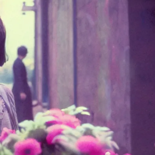 Image similar to movie still of the girl with the flowers instead of head, cinematic composition, cinematic light, by edgar wright and david lynch