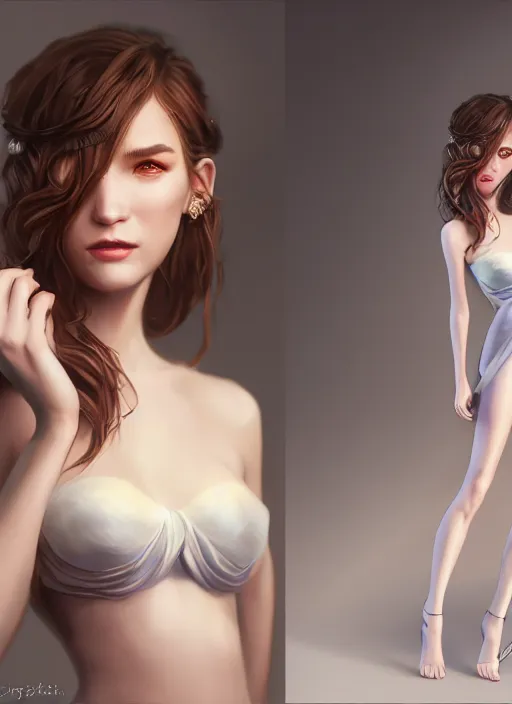 Image similar to beautiful fashion goddness, strapless dress, character portrait in the style of thomas river and artgerm, wlop, cinematic lighting, hyperdetailed, 8 k realistic, symmetrical, global illumination, radiant light, halo, love and mercy, frostbite 3 engine, cryengine, dof, trending on artstation, digital art, chanel