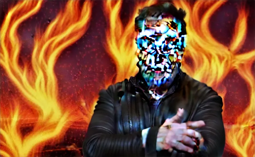 Image similar to elon musk, demon, demon king, fire, lava, banana