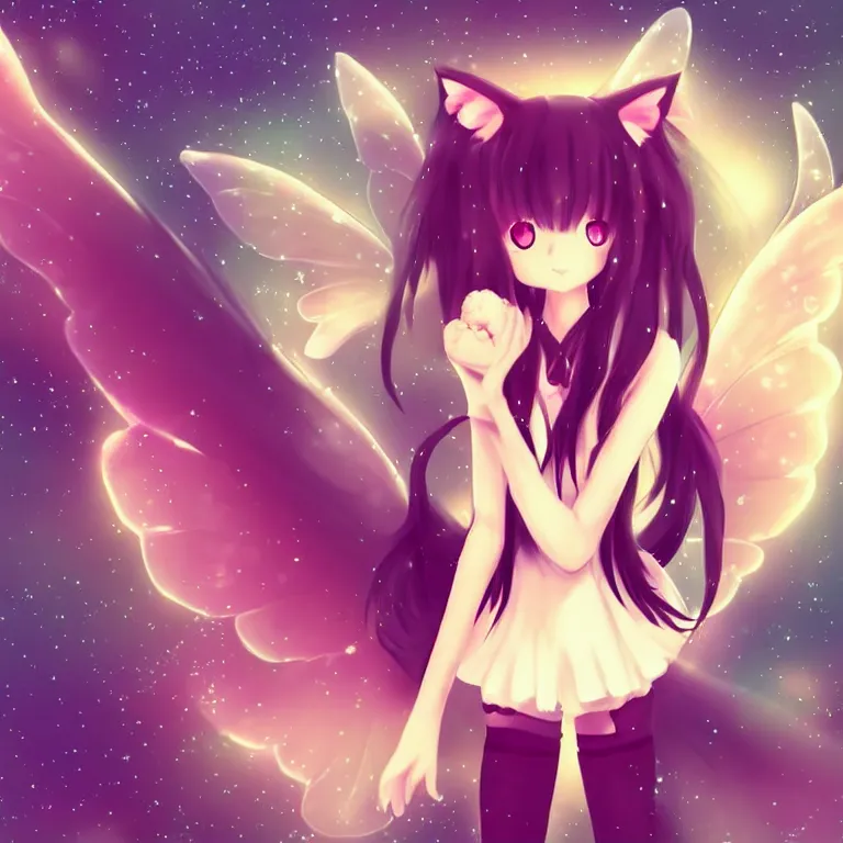 Image similar to cute, full body, female, anime style, a cat girl with fairy wings, large eyes, beautiful lighting, sharp focus, simple background, creative, heart effects, filters applied, illustration