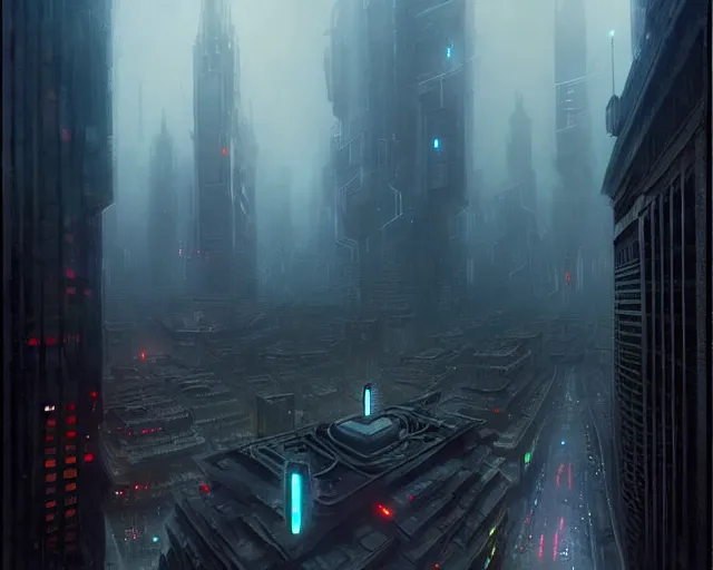 Image similar to great city being watched over by an all-seeing malevolent AI, a sci-fi digital painting by Greg Rutkowski and James Gurney, trending on Artstation, foreboding atmosphere, highly detailed