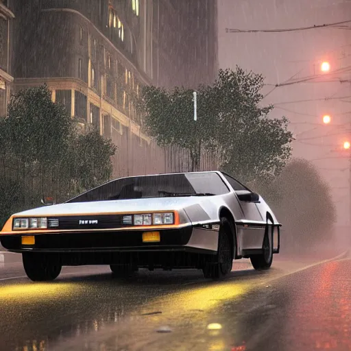 Image similar to hyperdetailed, photorealistic photograph of a dmc 1 2 delorean driving in the streets, rain, night, dense fog, hd, unreal engine 5