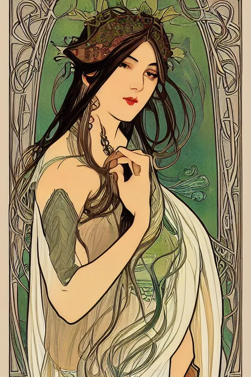 Image similar to A female Sindarin elf in the style of Alphonse Mucha