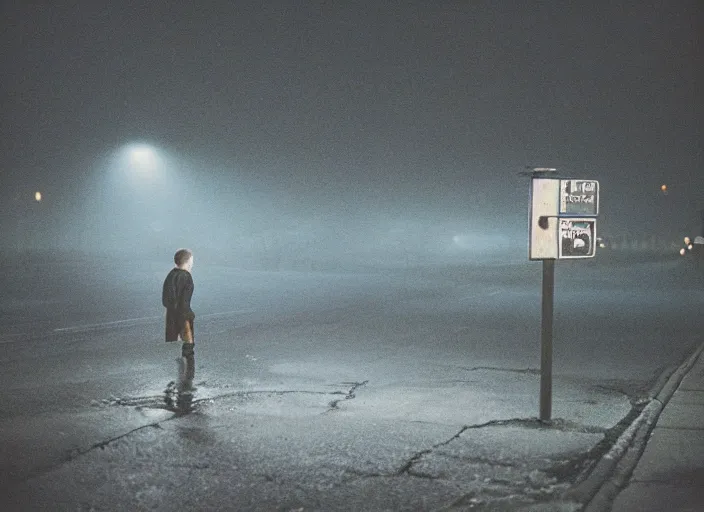 Image similar to kodak portra 4 0 0, photographic of a sad boys in the style of gregory crewdson, high detail, suburb of city, night, fog, rain