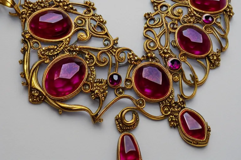 Image similar to highly detailed oil painting, front view, very realistic gemstones, art nouveau, ornate, delicate, brilliant ruby necklace, necklace on display, dramatic light,