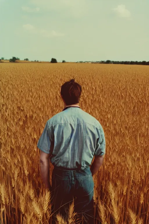 Prompt: kodak ultramax 4 0 0 photograph of a guy standing in a wheat field, back view, grain, faded effect, vintage aesthetic, cel shading, toon shading