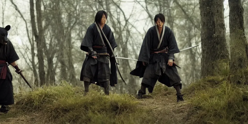 Image similar to scene from Rurouni Kenshin Origins, 2012, movie still, cinematic, anthropomorphic, half man half asian black bear, black bear samurai, Moon Bear Samurai, epic, samurai