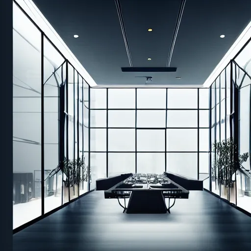 Image similar to modern high end designer restaurant at night in the foggy rain, symmetrical art deco office building with accent lighting, moody, epic composition, professional photograph, highly detailed, warm lighting interior, matte painting, large windows, large statue with wings, dramatic lighting, unreal engine, pastels