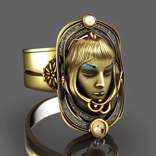Prompt: complex golden ring with cameo and gems on the female model hand with bust with a cyberpunk style, 8k, details