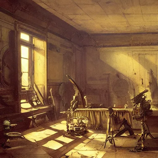 Prompt: painting of a scifi ancient civilzation victorian empty room with scifi gadgets, andreas achenbach