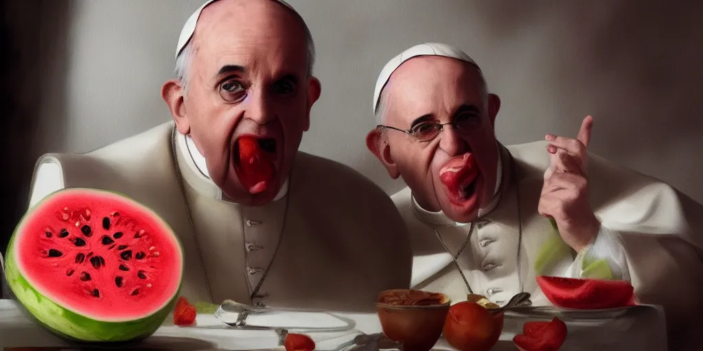 Prompt: The Pope eating watermelon, hyperdetailed, artstation, cgsociety, 8k