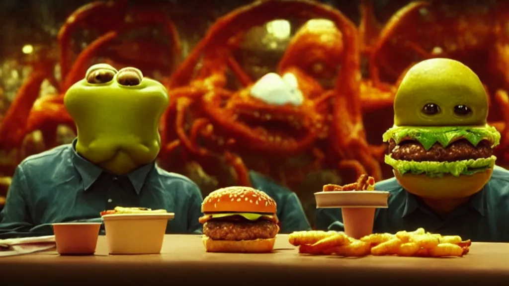 Prompt: the strange cheeseburger creature at the fast food place, film still from the movie directed by denis villeneuve and david cronenberg with art direction by salvador dali and zdzisław beksinski, pixar, wide lens