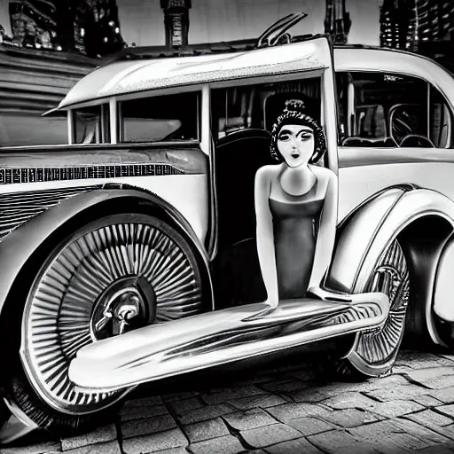 Image similar to art deco lady by the car city scenic, detailed, photorealistic