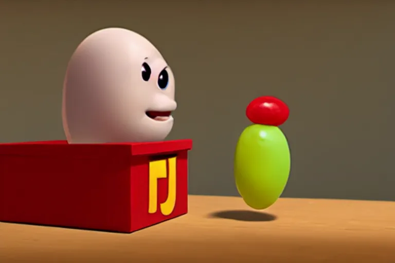 Image similar to an anthropomorphic jelly bean, moving a box, pixar