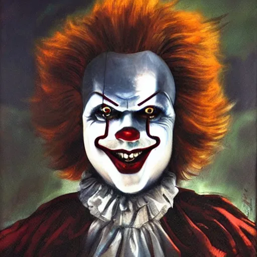 Image similar to portrait of pennywise mixed with batman by abbey edwin austin