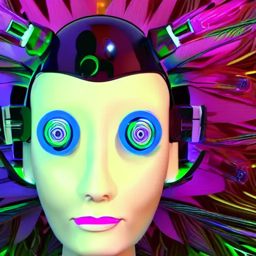 Image similar to female futuristic cartoon robot face with flower antennas