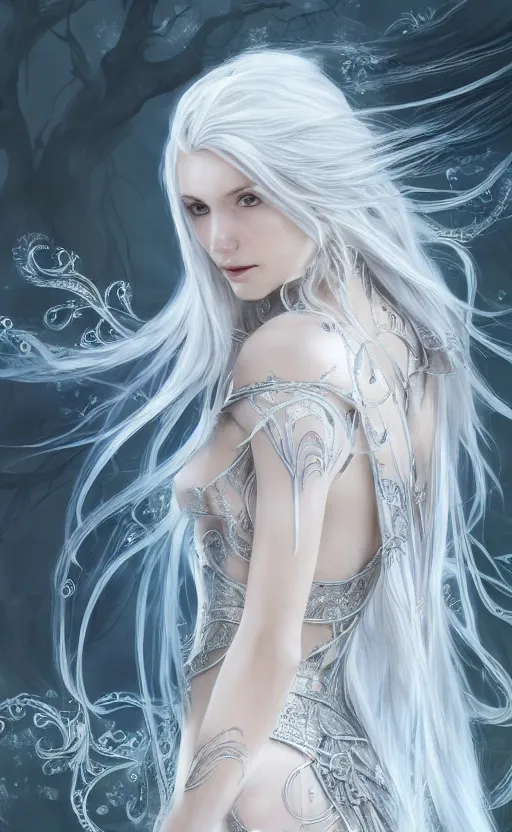 Image similar to an elven woman with long, silver hair cascading down her back. she has delicate, angular features and piercing blue eyes. she's clad in a flowing white dress with intricate silver embroidery, dynamic lighting, photorealistic fantasy concept art, trending on art station, stunning visuals, creative cinematic, ultra detailed