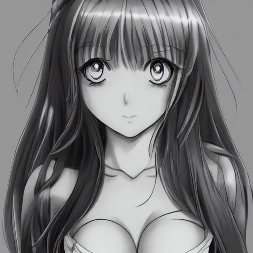 Image similar to a very beautiful young anime girl, full body, long wavy blond hair, sky blue eyes, full round face, bikini, miniskirt, front view, mid - shot, highly detailed, black and white manga drawing