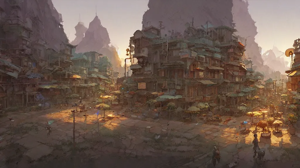 Prompt: downtown battle mountain, by craig mullins, with studio ghibli style, by mattias adolfsson, highly detailed