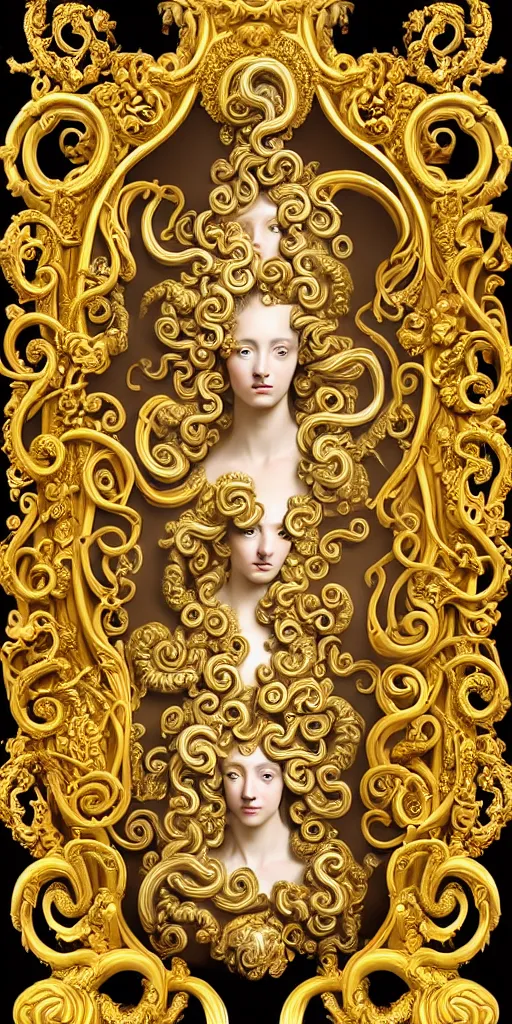 Prompt: the source of future growth dramatic, elaborate emotive Golden Baroque and Rococo styles to emphasise beauty as a transcendental, seamless pattern, symmetrical, large motifs, versace medusa logo, bvlgari jewelry, rainbow liquid splashing and flowing, Palace of Versailles, 8k image, supersharp, spirals and swirls in rococo style, medallions, iridescent black and rainbow colors with gold accents, perfect symmetry, High Definition, photorealistic, masterpiece, smooth gradients, high contrast, 3D, no blur, sharp focus, photorealistic, insanely detailed and intricate, cinematic lighting, Octane render, epic scene, 8K