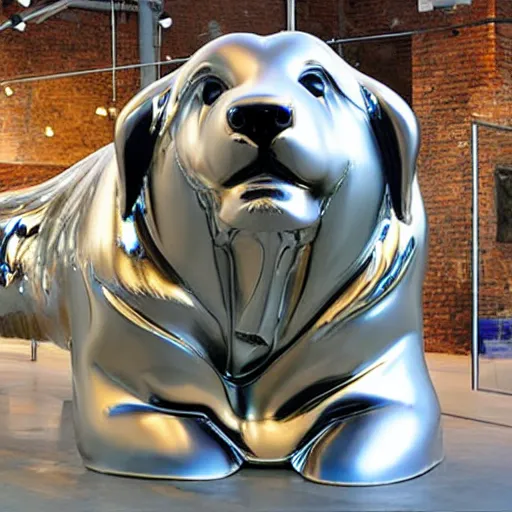 Image similar to A shiny metallic sculpture of a rough collie by Jeff Koons