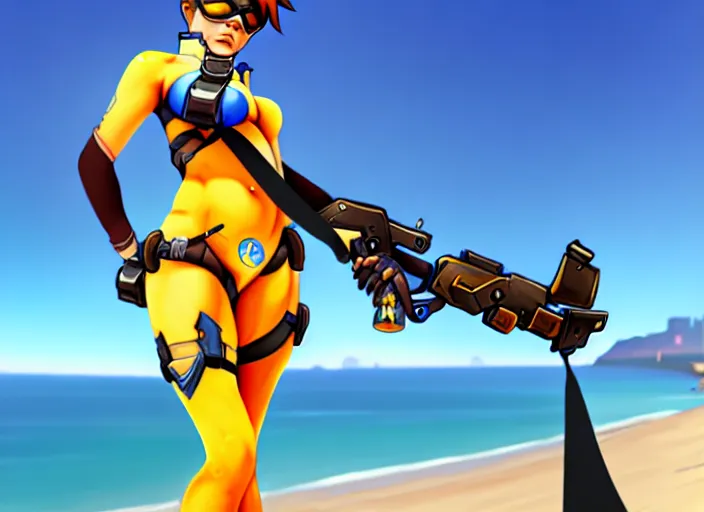 Prompt: overwatch tracer, dressed in a grin thong, full length, wide hips, overlooking the beach, digital painting, realism