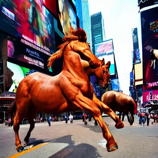 Image similar to an extremely realistic photograph of a centaur with the head mane and torso of a horse, but human legs running through times square