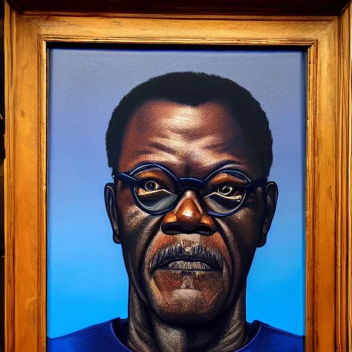 Prompt: A portrait of Samuel Jackson, (((half of his face is a skeleton))), dark blue gradient background, realistic, oil painting