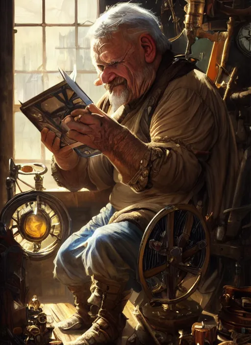 Prompt: an epic fantasy comic book style portrait painting of a an old tinker fat man working on a device in her workshop, d & d, fantasy, intricate, elegant, highly detailed, digital painting, artstation, concept art, matte, sharp focus, illustration, art by artgerm and greg rutkowski and alphonse mucha