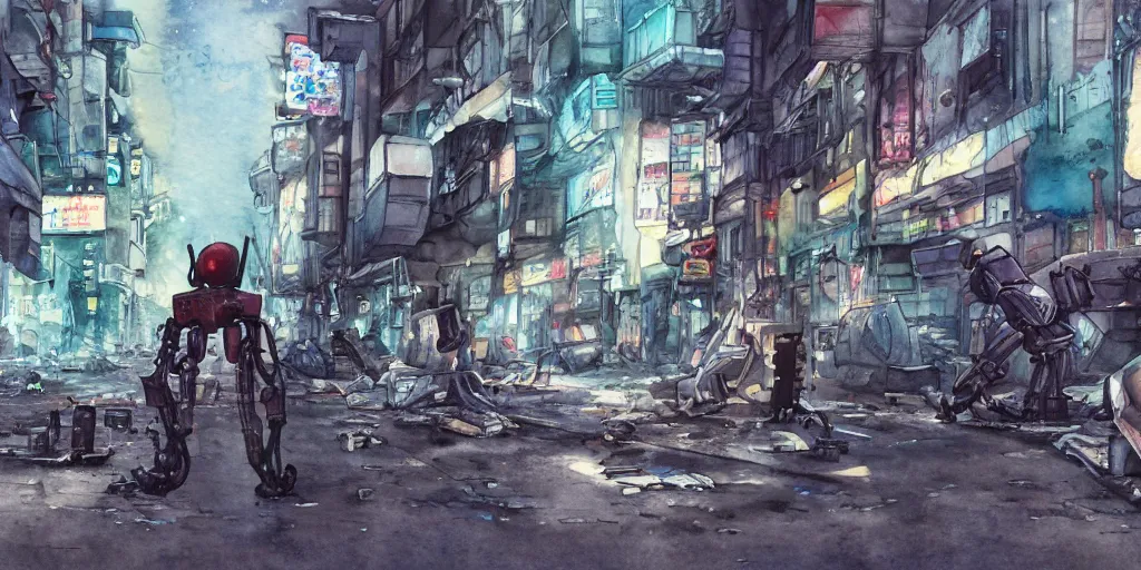 Prompt: watercolour painting of a broken robot repairing its own arm in a post apocalyptic city street, anime, pencil lines, light watercolour, pale sky, dirty streets, beautiful artwork, anime screenshot, akihabara, remaster