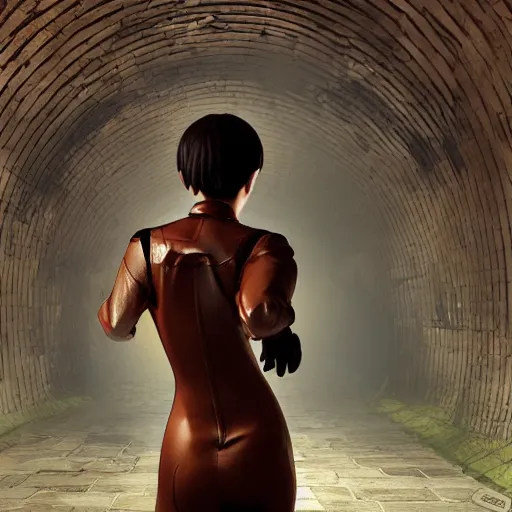 Image similar to a school boy being intimidated by a succubus in a leather suit, devi wings, cracked brick wall, long hallway, light at the end of the tunnel, volumetric lighting, concept art, detailed, dramatic lighting, by hayao miyazaki