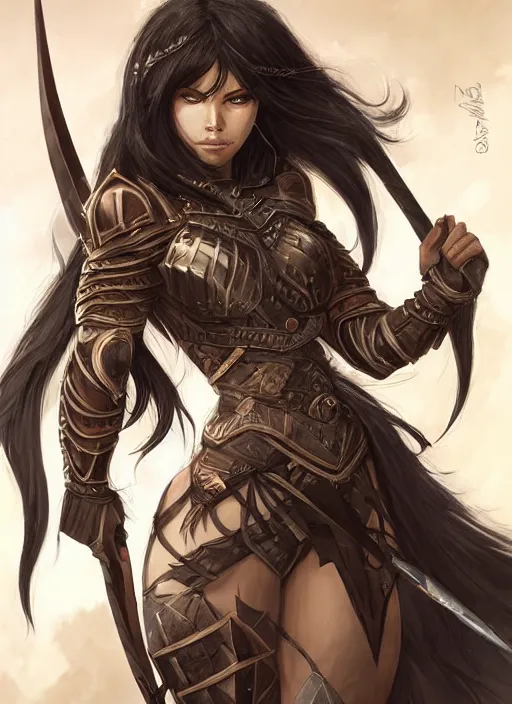 Image similar to beautiful warrior lady, black long hair, practical armor, brown skin, demonic eyes, low fantasy, extremely detailed, sharp focus, smooth, digital illustration, by rossdraws, frank franzzeta, sakimichan