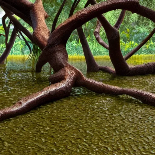 Image similar to Mangrove swamp tangled mangrove roots on a muddy shore, ground texture. Matte painting, simple cartoon style