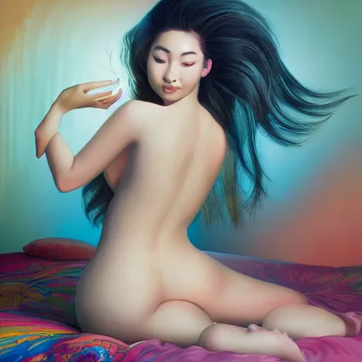 Prompt: young cute asian woman with flowing hair dressed in a revealing top sitting on bed, smiling, rendered in octane, photorealism, by Ansel Adams David Suh Lisa Frank Peter Mohrbacher Artgerm