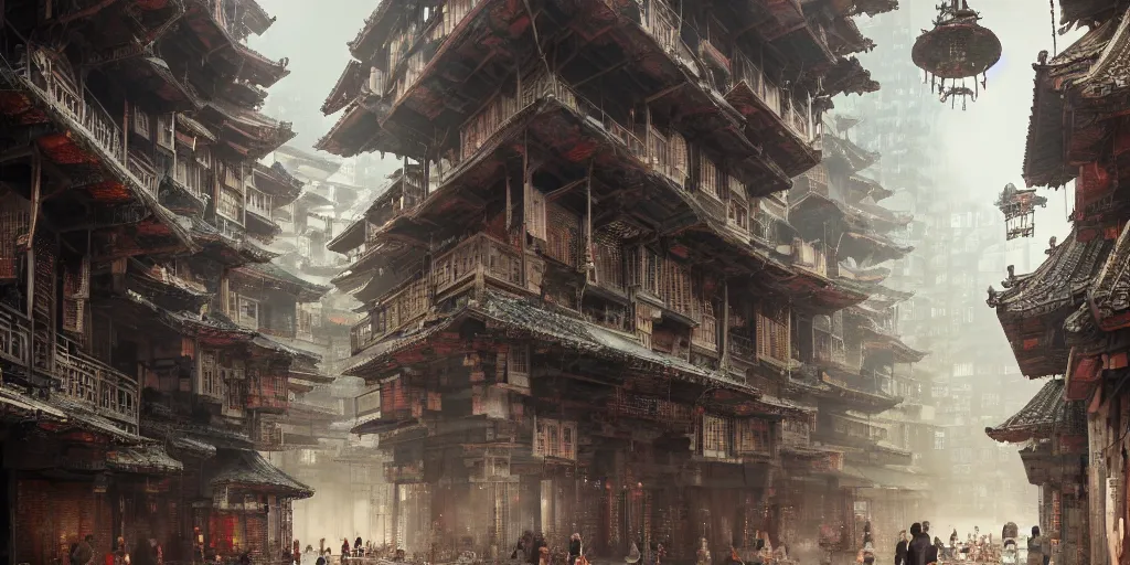 Image similar to inside of kowloon walled city by early evening, flat interior, concept art, light, shadows, reflections, epic composition, intricate, elegant, volumetric lighting, digital painting, highly detailed, artstation, sharp focus, illustration, octane render, concept art, ruan jia, steve mccurry