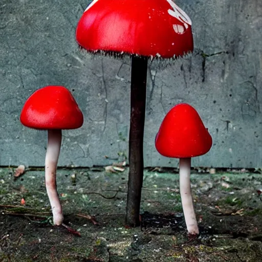 Prompt: beautiful dystopian deserted overgrown city red mushroom, muppets