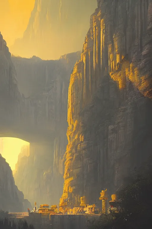 Image similar to ancient temple glowing yellow in a canyon, light streaks in the sky, dramatic lighting, artstation, matte painting, ralph mcquarrie, simon stalenhag