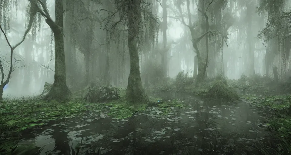 Image similar to A dense and dark enchanted forest with a swamp, with Unreal Engine