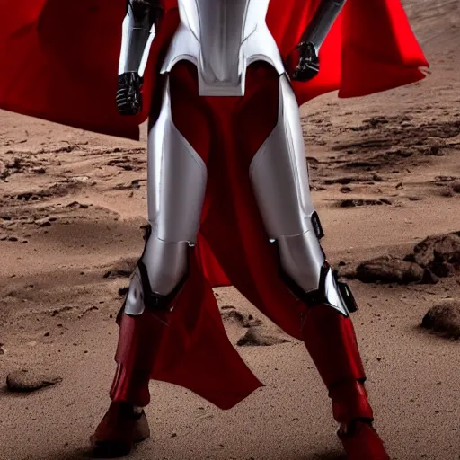 Image similar to portrait of a beautiful female soldier, no makeup, in glossy sleek white armor inspired by samus aran and a long red cape, heroic posture, determined expression, no helmet, on the surface of mars, cinematic, sci-fi, hyperrealistic, detailed