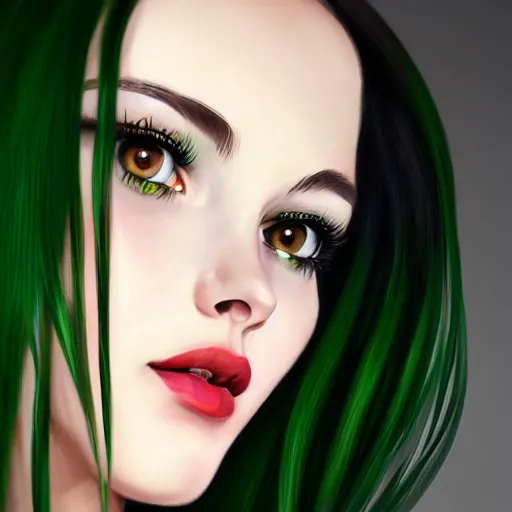 Image similar to a realistic illustration portrait of a beautiful cute girl with wavy black red hair, a pointy nose and, round chin black eyeliner, green welcoming eyes, trending on artstation, hyper - realistic lighting